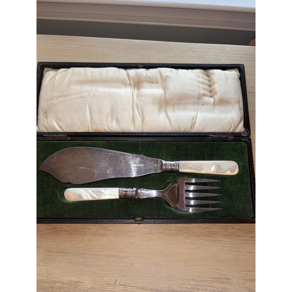 Vintage EPNS Fish Serving Set Mother of Pearl Handles Boxed English Server